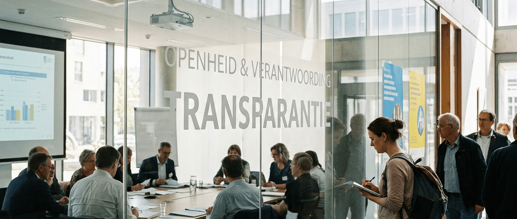 People attend a meeting labeled “OPENHEID & VERANTWOORDING TRANSPARANTE” in a glass-walled office.