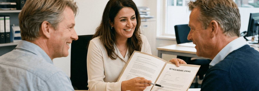 Financial adviser discussing a document with two clients; wall sign reads “Erkend Financieel Adviseur.”