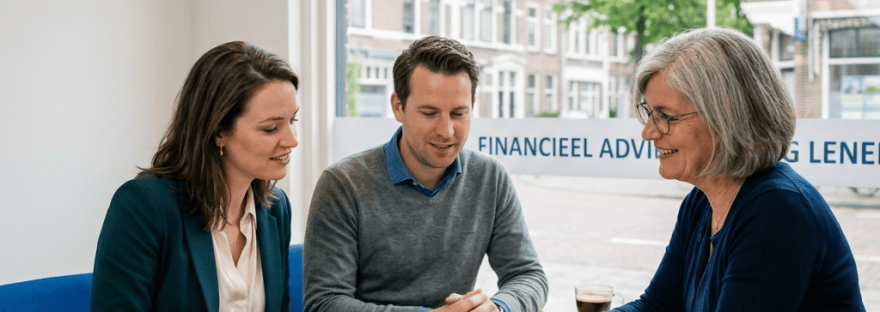 Financial adviser meeting with two clients beside a laptop and lending brochure