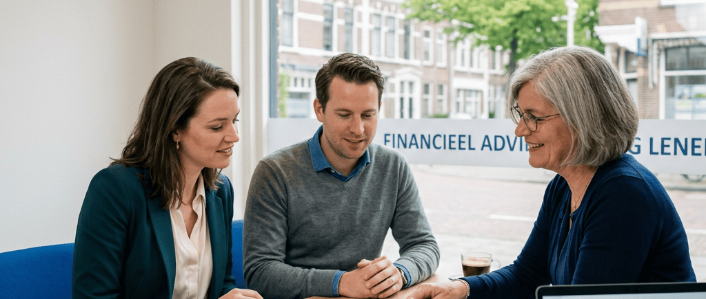Financial adviser meeting with two clients beside a laptop and lending brochure