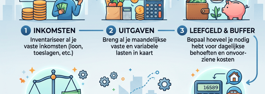Nederlandstalige infographic ‘HOEVEEL KAN IK LENEN?’ met vijf stappen: inkomen, uitgaven, leefgeld en buffer, ruimte voor aflossing, en verantwoord leenbedrag; onderaan staat ‘SLIM LENEN BEGINT HIER’.