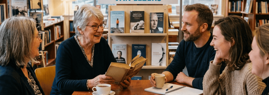 Readers discuss books beneath sign reading “GETUIGENISSEN EN ERVARINGEN VAN LEZERS.”