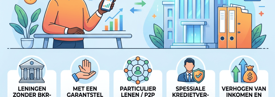 Geld lenen met een BKR-registratie: wat zijn je mogelijkheden? Kan ik nog lenen met een BKR-registratie? Ja, nee. Leningen zonder BKR-toetsing: minilening of flitskrediet (kleine bedragen), hogere rente, kortere looptijden. Met een garantsteller: iemand anders staat garant voor jou, lagere rente mogelijk, verhoogt de kans op goedkeuring. Particulier lenen / P2P: lenen van particulieren, platformen verbinden leners en investeerders, flexibele voorwaarden. Speciale kredietverstrekkers: banken die gespecialiseerd zijn in risico-opdrachten, onderzoek hun specifieke vereisten. Verhogen van inkomen en aflossing: bewijs van goed betalingsgedrag overleggen, zorgen voor stabiel inkomen, schulden afbetalen. Tips & verbeterpunten: vraag een afschrift van je BKR op, vergelijk aanbieders, maak een financieel plan.
