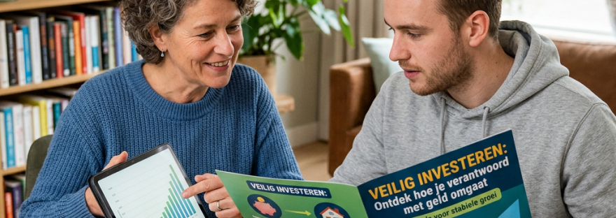 Two people discussing investing beside a brochure reading “VEILIG INVESTEREN.”