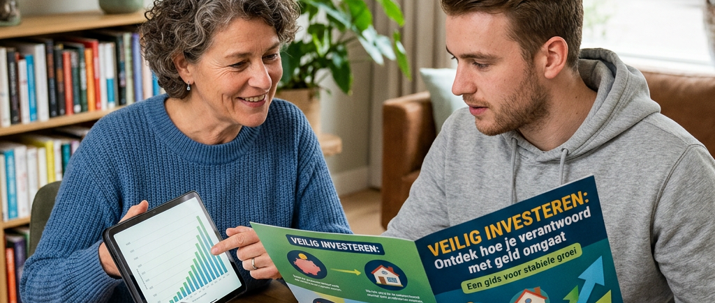 Two people discussing investing beside a brochure reading “VEILIG INVESTEREN.”
